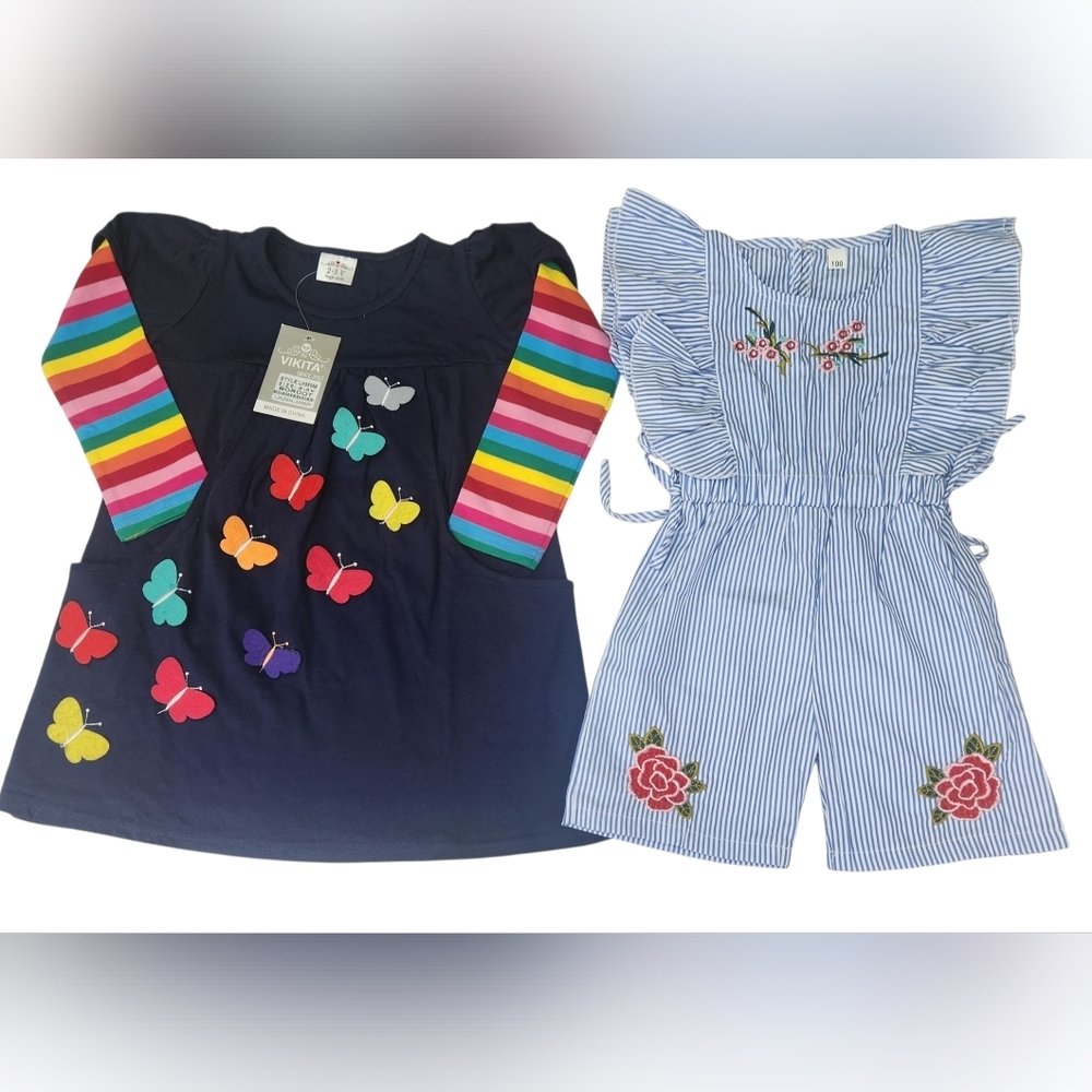 Colorful 3D Butterfly Dress and Striped Floral Kids Romper Set- Size 2/3